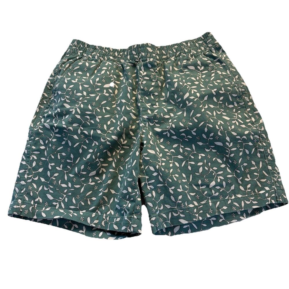 Lands' End Floral Green & White Chino Shorts Elastic Waist Size 6 Pockets